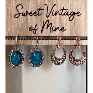 2 Pair of Clip On 1990s - Y2K Vintage Earrings Silver Turquoise + Copper Hoops